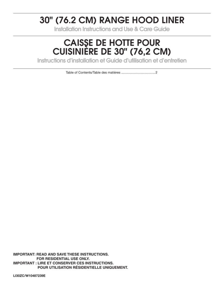 30" (76.2 cm) range hood liner caisse de hotte pour - Jenn-Air 30" (76.2 cm) range hood liner caisse de hotte pour - Jenn-Air