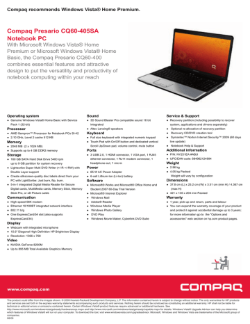 PSG Consumer 2C09 Compaq Notebook Datasheet PSG Consumer 2C09 Compaq Notebook Datasheet