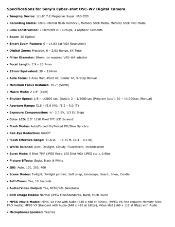 Specifications for Sony`s Cyber-shot DSC Specifications for Sony`s Cyber-shot DSC