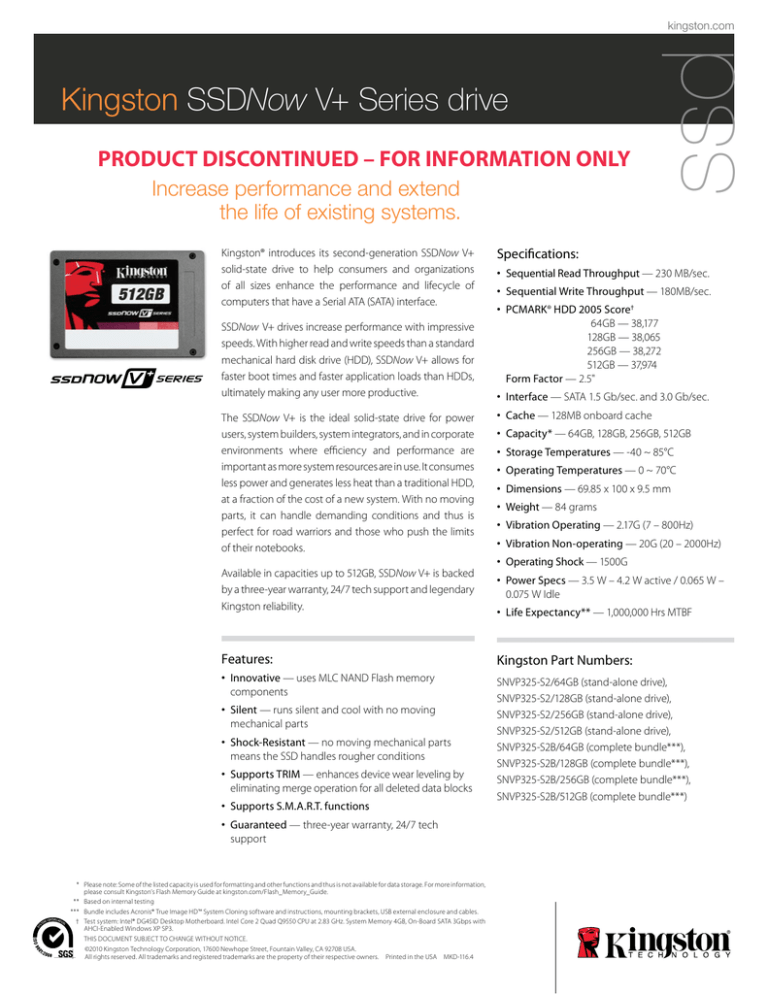 Kingston SSDNow V+ Series drive Kingston SSDNow V+ Series drive