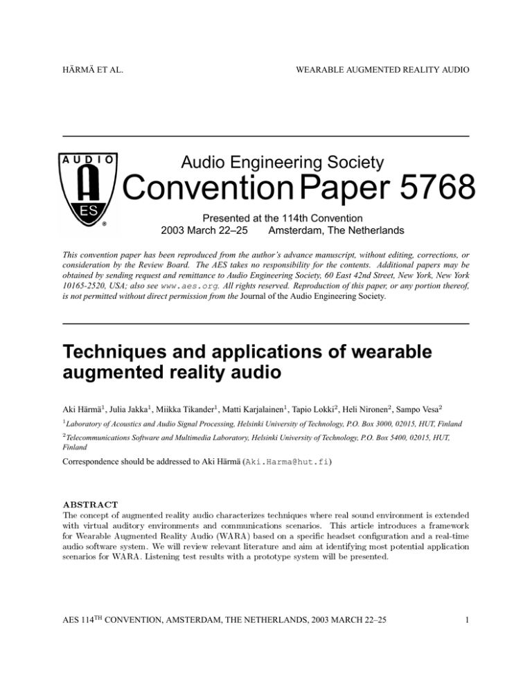 Techniques and Applications of Wearable Augmented Reality Audio Techniques and Applications of Wearable Augmented Reality Audio