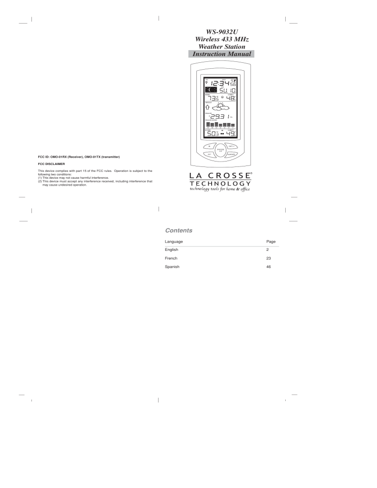 WS-9032U Wireless 433 MHz Weather Station Instruction Manual WS-9032U Wireless 433 MHz Weather Station Instruction Manual