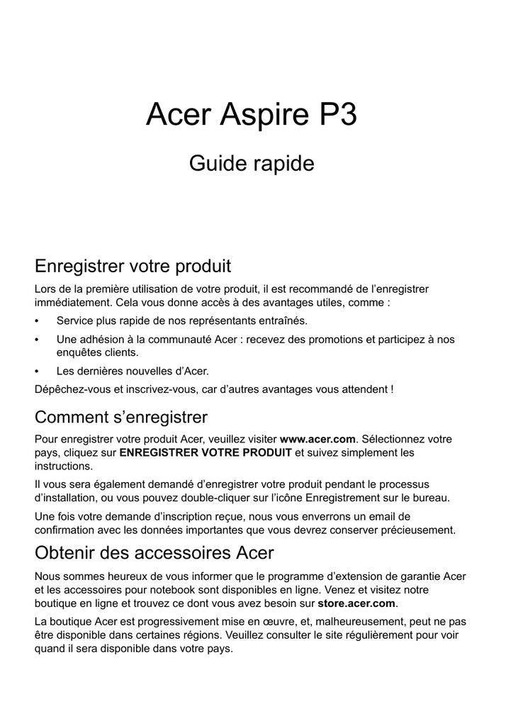 Acer Aspire P3-171 Guide de démarrage rapide | Manualzz Acer Aspire P3-171 Guide de démarrage rapide | Manualzz