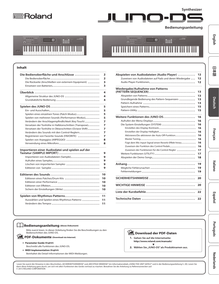 Roland JUNO-DS61, JUNO-DS88 Owner's manual Roland JUNO-DS61, JUNO-DS88 Owner's manual