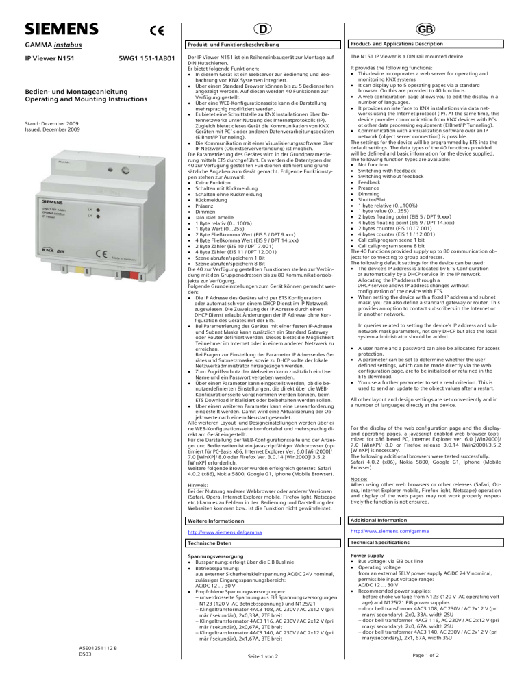 GAMMA instabus IP Viewer N151 5WG1 151-1AB01 Bedien GAMMA instabus IP Viewer N151 5WG1 151-1AB01 Bedien