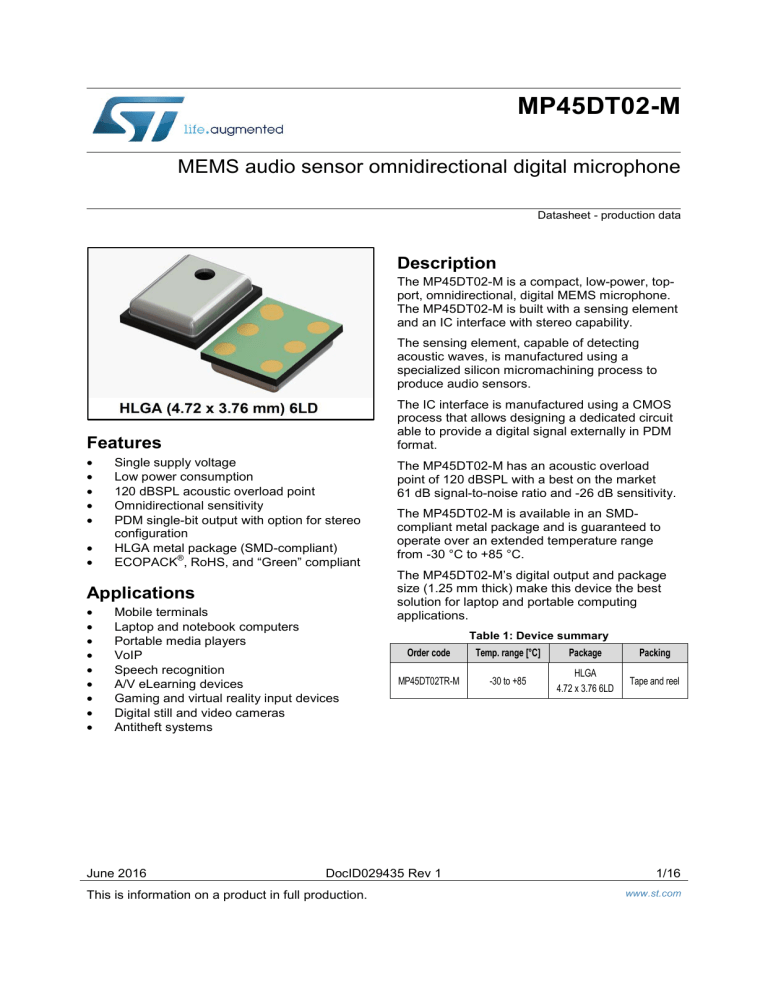 MEMS audio sensor omnidirectional digital microphone MEMS audio sensor omnidirectional digital microphone