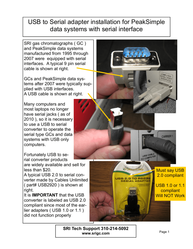 USB to Serial adapter installation for PeakSimple data systems with USB to Serial adapter installation for PeakSimple data systems with