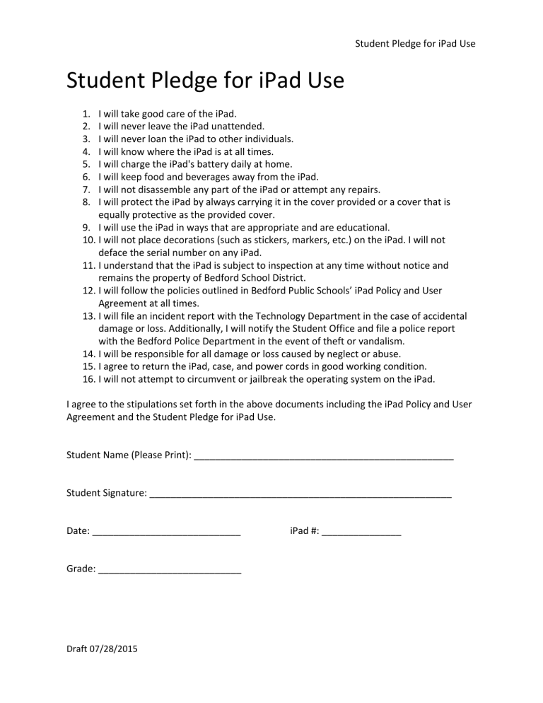 Student Pledge for iPad Use Student Pledge for iPad Use