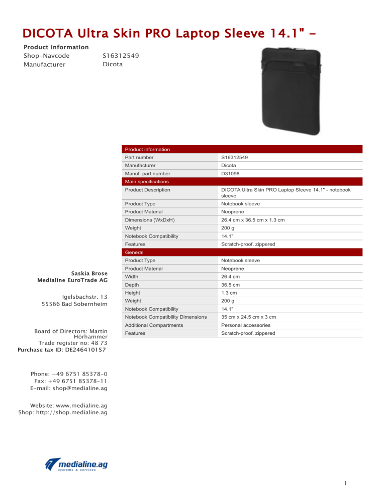 Dicota UltraSkin PRO - Notebook sleeve - IT Dicota UltraSkin PRO - Notebook sleeve - IT