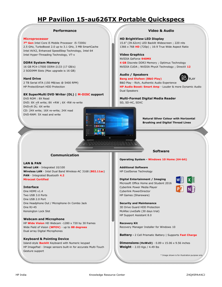 HP PAVILION 15-AU626TX QSPECS HP PAVILION 15-AU626TX QSPECS