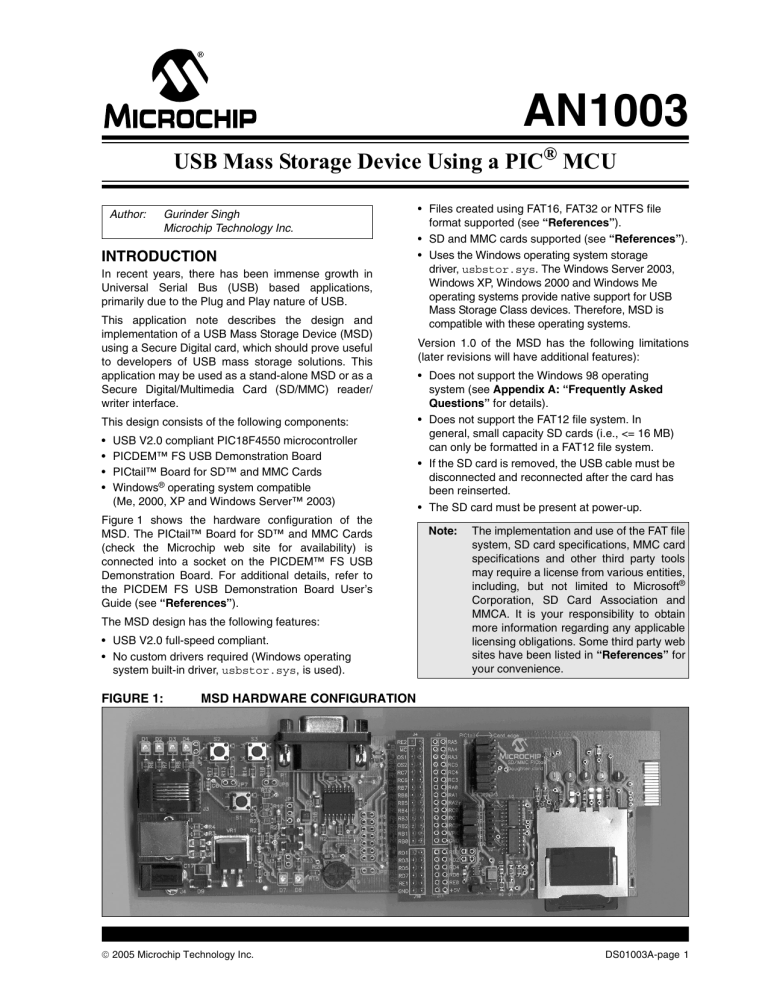 AN1003, USB Mass Storage Device Using a PIC MCU AN1003, USB Mass Storage Device Using a PIC MCU