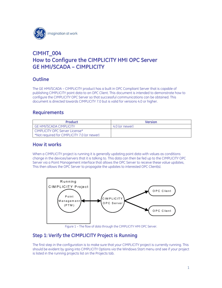 CIMHT_004 How to Configure the CIMPLICITY HMI OPC Server GE CIMHT_004 How to Configure the CIMPLICITY HMI OPC Server GE