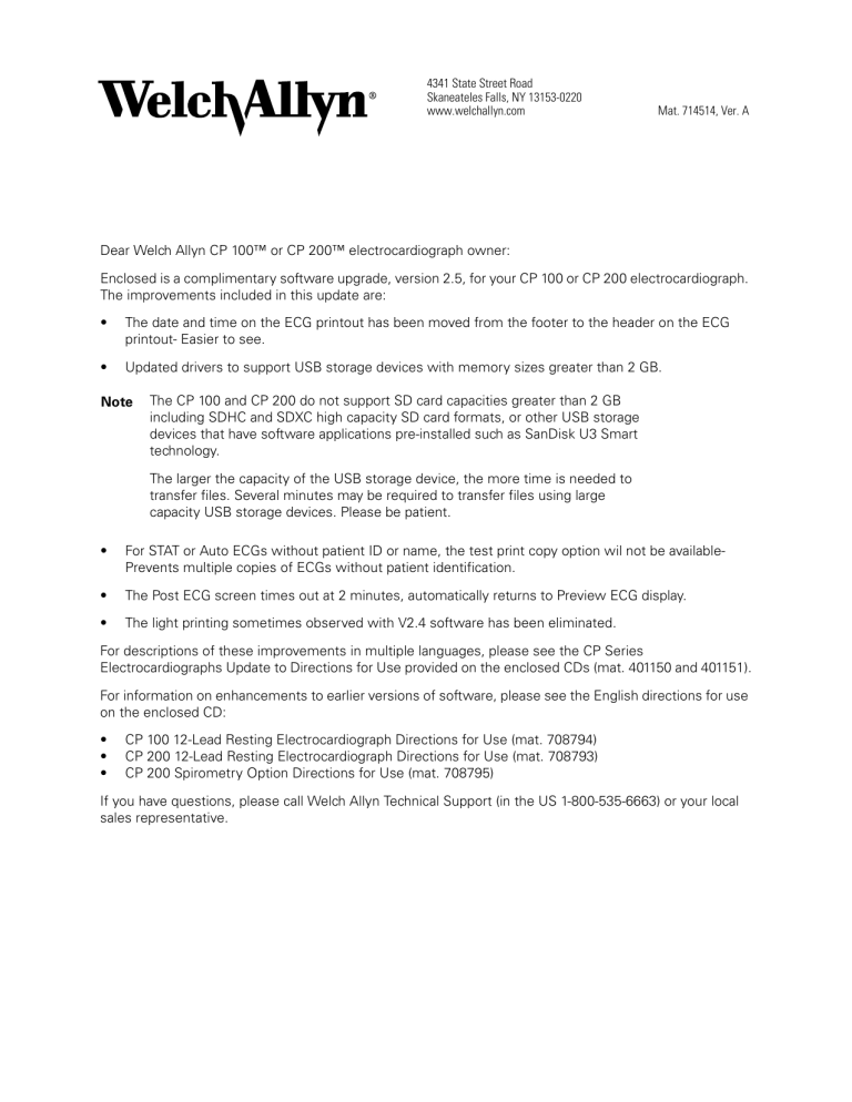 Dear Welch Allyn CP 100™ or CP 200™ electrocardiograph owner Dear Welch Allyn CP 100™ or CP 200™ electrocardiograph owner