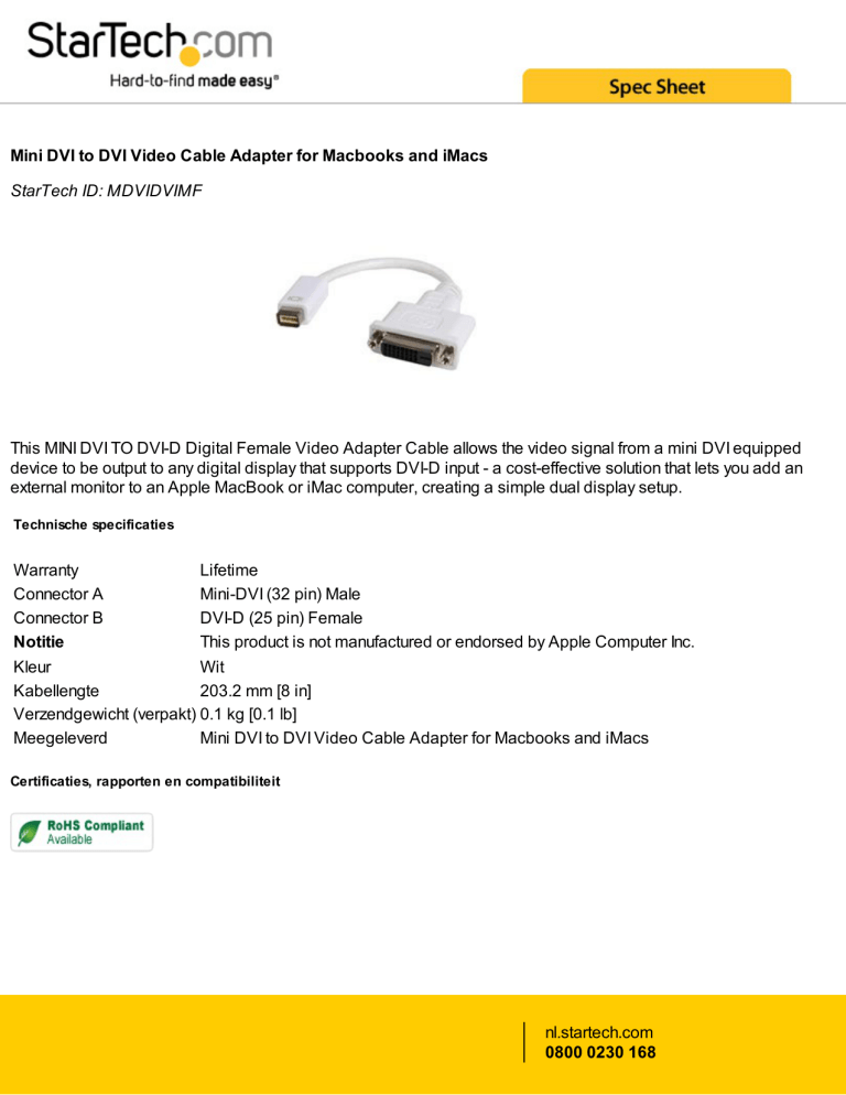 Mini DVI to DVI Video Cable Adapter for Macbooks and iMacs Mini DVI to DVI Video Cable Adapter for Macbooks and iMacs