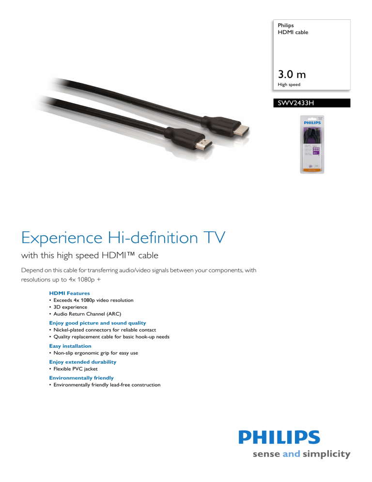 SWV2433H/10 Philips HDMI cable SWV2433H/10 Philips HDMI cable