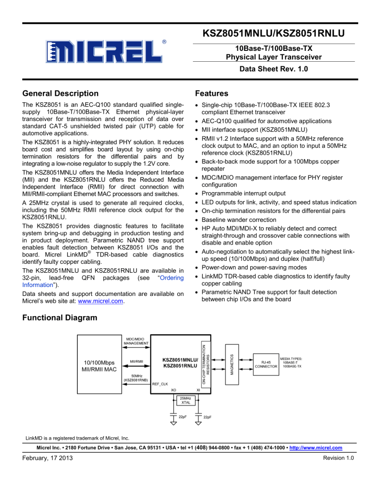 10Base-T/100Base-TX Physical Layer Transceiver 10Base-T/100Base-TX Physical Layer Transceiver
