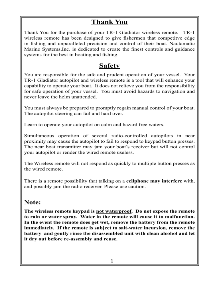 Garmin TR-1 Gladiator Marine Autopilot Owner's manual Garmin TR-1 Gladiator Marine Autopilot Owner's manual
