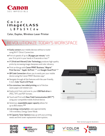 Canon Color imageCLASS LBP654Cdw Spec Sheet with uniFLOW Canon Color imageCLASS LBP654Cdw Spec Sheet with uniFLOW