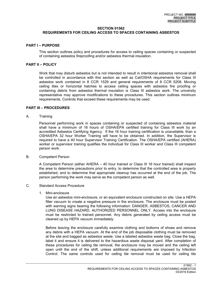 SECTION 01562 REQUIREMENTS FOR CEILING SECTION 01562 REQUIREMENTS FOR CEILING