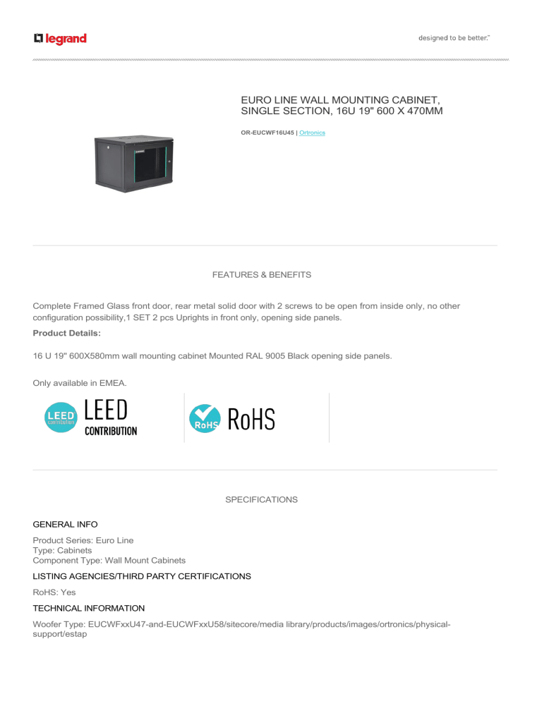EURO LINE WALL MOUNTING CABINET, SINGLE SECTION, 16U EURO LINE WALL MOUNTING CABINET, SINGLE SECTION, 16U