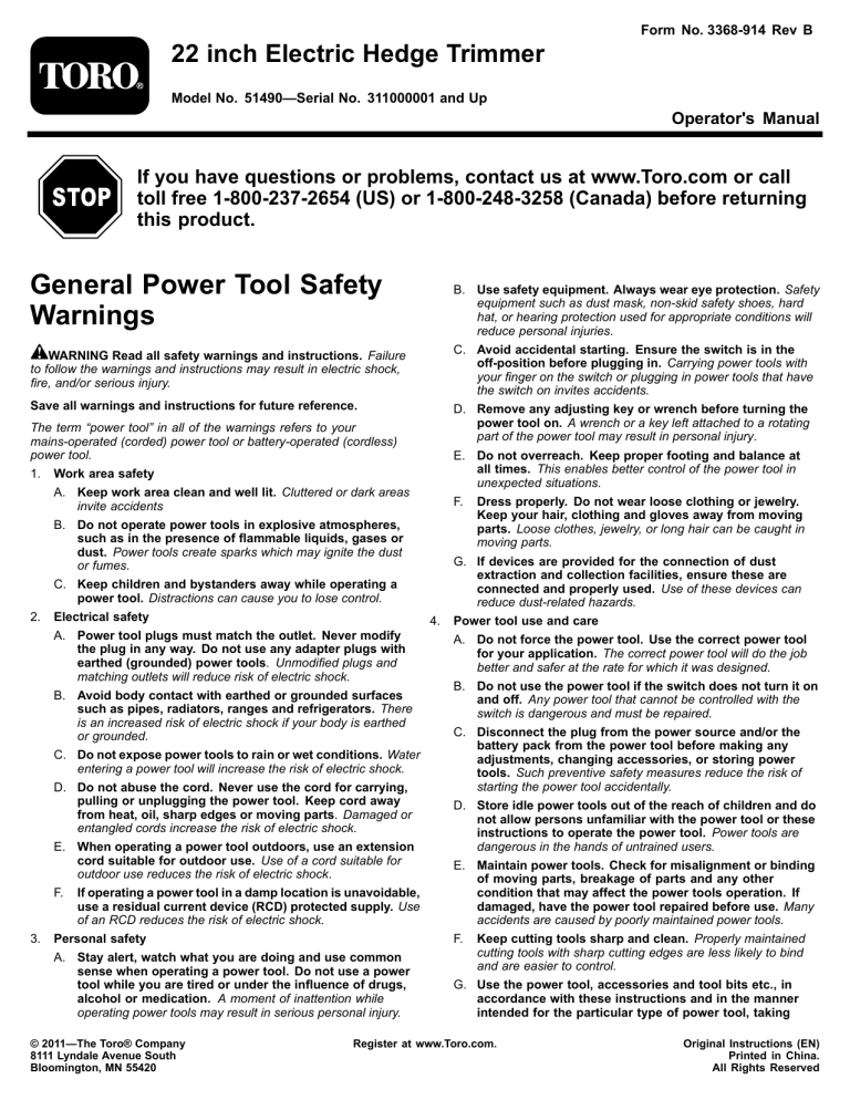 Toro 22in Electric Hedge Trimmer User manual Toro 22in Electric Hedge Trimmer User manual