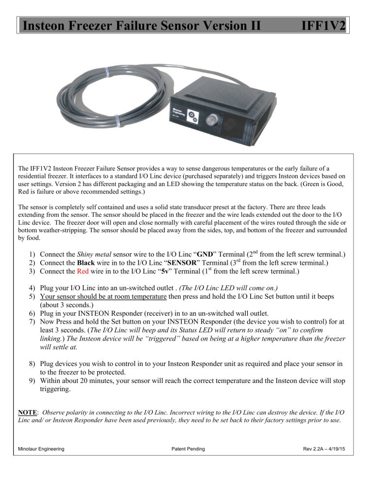 FREEZER FAILURE SENSOR FREEZER FAILURE SENSOR