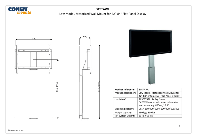 SCETAWL Low Model, Motorized Wall Mount for 42“-84“ Flat - AV-iQ SCETAWL Low Model, Motorized Wall Mount for 42“-84“ Flat - AV-iQ