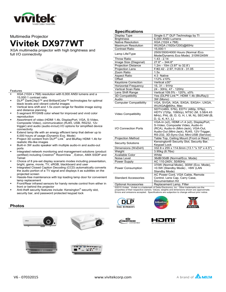 Vivitek DX977WT - VIVITEK Thailand Vivitek DX977WT - VIVITEK Thailand