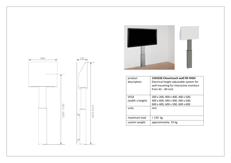 product description 1542326 Clevertouch wall lift HIGH Electrical product description 1542326 Clevertouch wall lift HIGH Electrical
