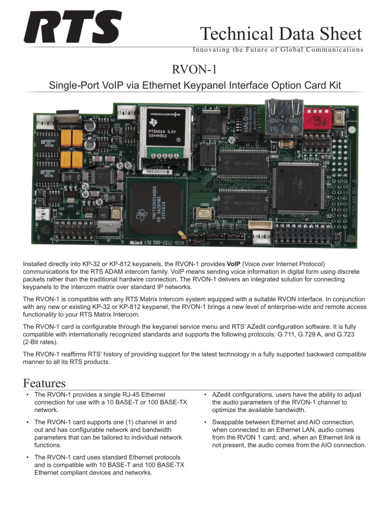 Technical Data Sheet - RTS Intercom Systems Technical Data Sheet - RTS Intercom Systems