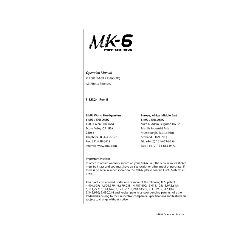 E-Mu Mo'Phatt Keys MK-6 Operating instructions E-Mu Mo'Phatt Keys MK-6 Operating instructions