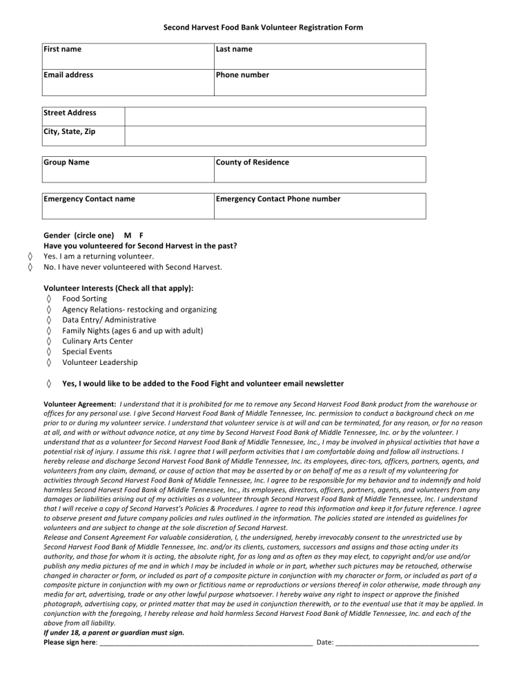 Second Harvest Food Bank Volunteer Registration Form First name Second Harvest Food Bank Volunteer Registration Form First name