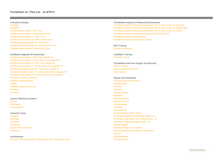 Promethean Inc. Price List - ALJP2013 Promethean Inc. Price List - ALJP2013