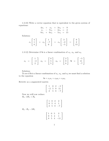 1.3.10) Write a vector equation that is equivalent to the given system 1.3.10) Write a vector equation that is equivalent to the given system