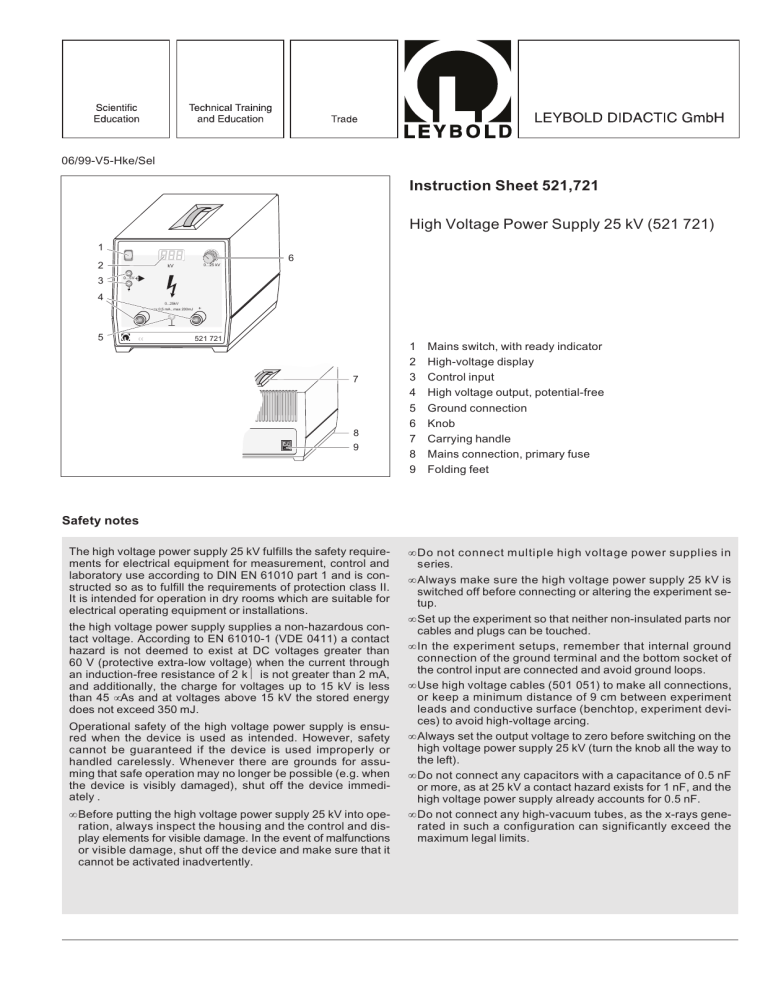 Instruction Sheet 521721 High Voltage Power Supply Instruction Sheet 521721 High Voltage Power Supply