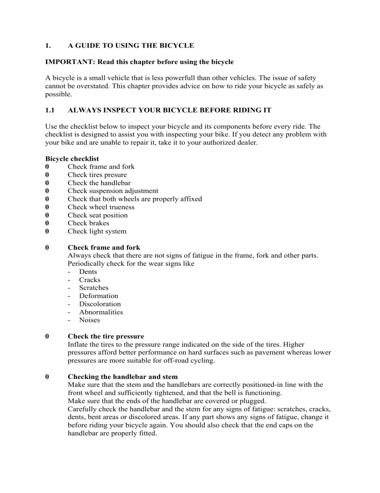 Bicycle Support Checklist Bicycle Support Checklist