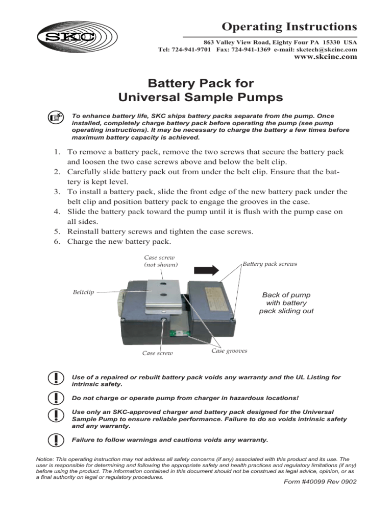 Battery Pack for Universal PCXR Sample Pumps Operating Battery Pack for Universal PCXR Sample Pumps Operating