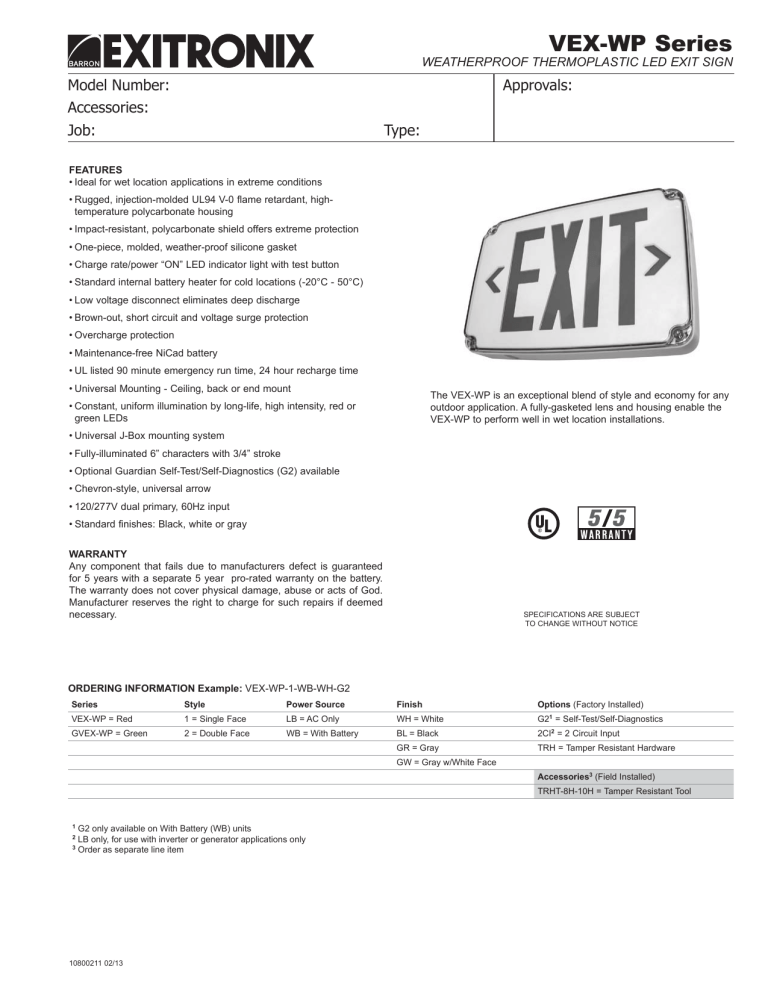 Exitronix VEX-WP-1-WB-WH Spec Sheet Exitronix VEX-WP-1-WB-WH Spec Sheet