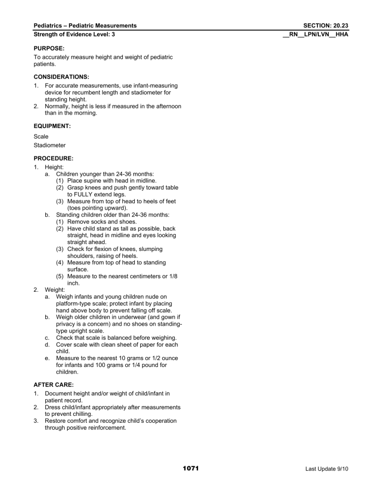 SECTION 20: PEDIATRICS: Pediatric Measurements SECTION 20: PEDIATRICS: Pediatric Measurements