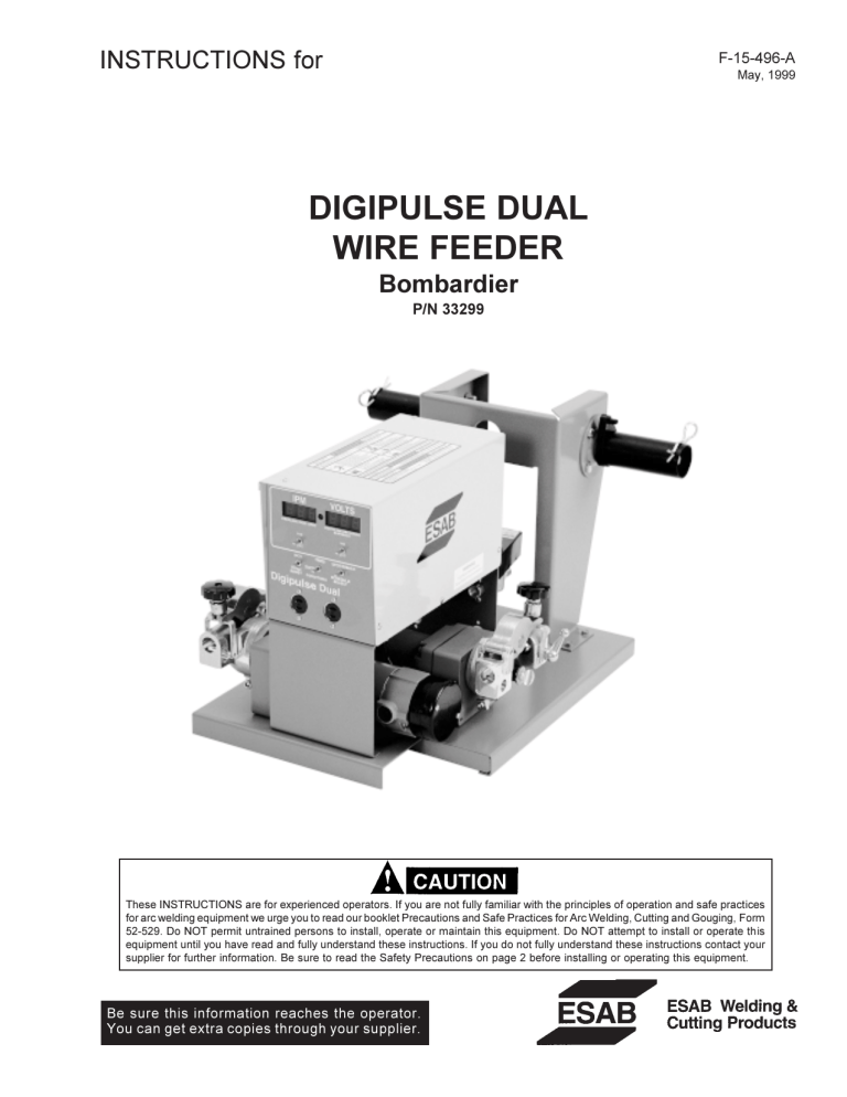 ESAB Digipulse Dual Wire Feeder Bombardier User manual ESAB Digipulse Dual Wire Feeder Bombardier User manual