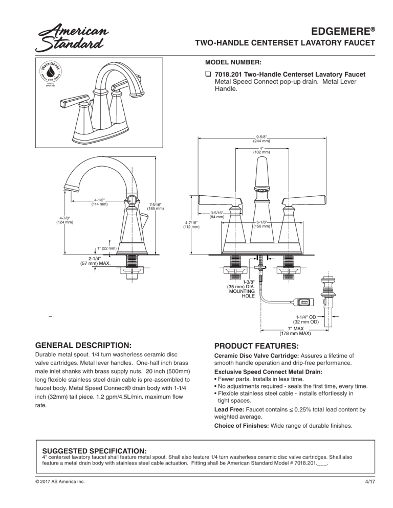 American Standard 7018201.278, 7018201.002 Specification American Standard 7018201.278, 7018201.002 Specification
