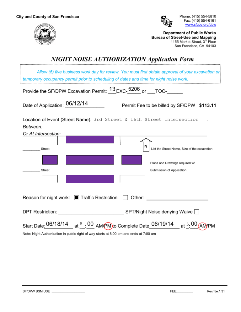 NIGHT NOISE AUTHORIZATION Application Form NIGHT NOISE AUTHORIZATION Application Form