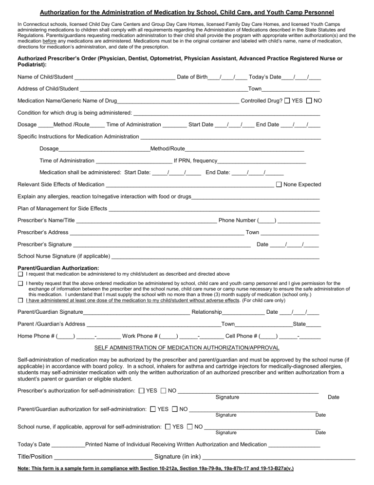 Authorization for the Administration of Medication by Daycare Authorization for the Administration of Medication by Daycare