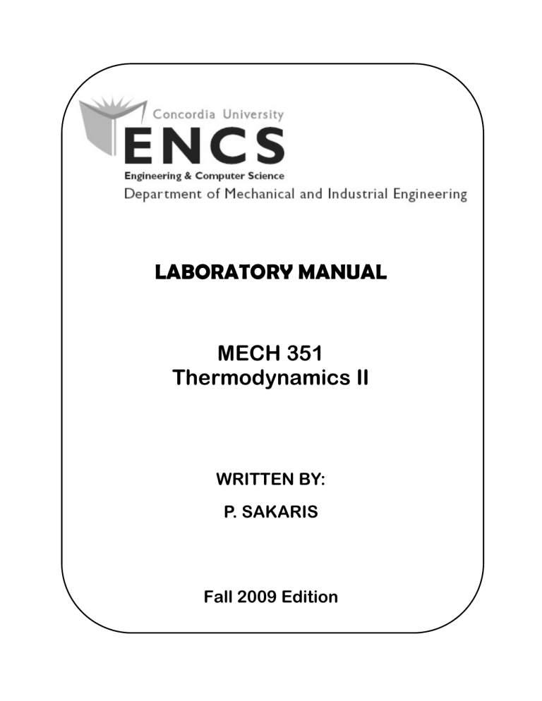 LABORATORY MANUAL MECH 351 Thermodynamics II LABORATORY MANUAL MECH 351 Thermodynamics II