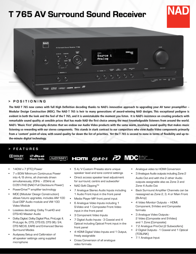 T 765 AV Surround Sound Receiver T 765 AV Surround Sound Receiver