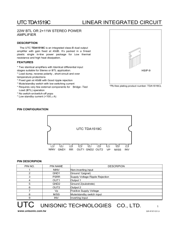 utc tda1519c linear integrated circuit utc unisonic technologies co., ltd. utc tda1519c linear integrated circuit utc unisonic technologies co., ltd.