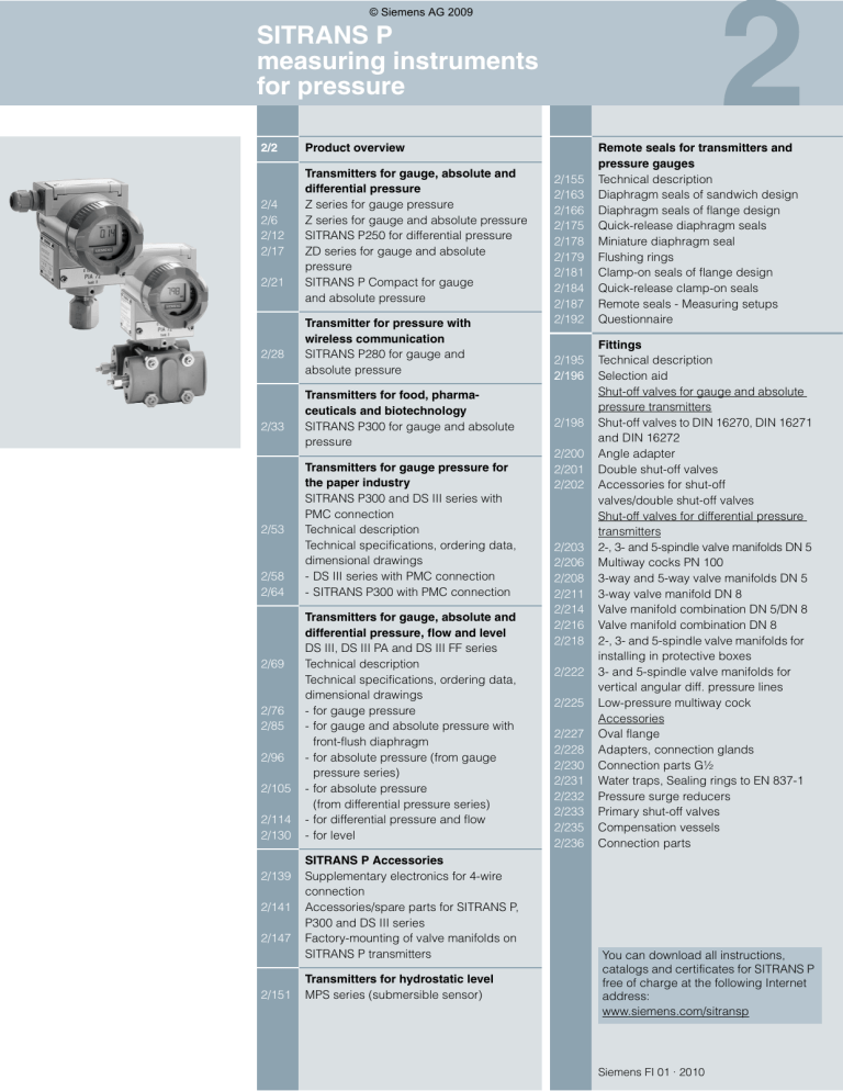 SITRANS P measuring instruments for pressure - S SITRANS P measuring instruments for pressure - S
