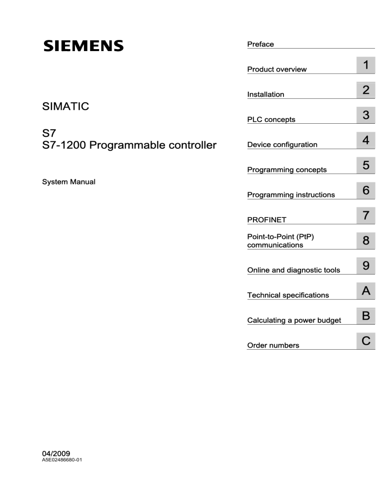 SIMATIC S7 S7-1200 Programmable controller SIMATIC S7 S7-1200 Programmable controller