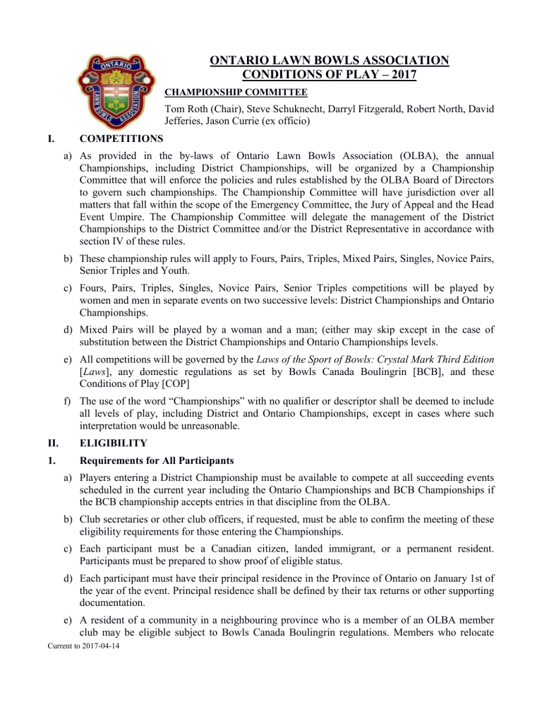 ontario lawn bowls association conditions of play – 2017 ontario lawn bowls association conditions of play – 2017