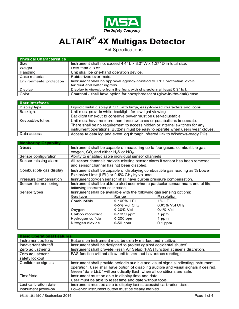 Bid Specification: ALTAIR 4X Multigas Detector Bid Specification: ALTAIR 4X Multigas Detector